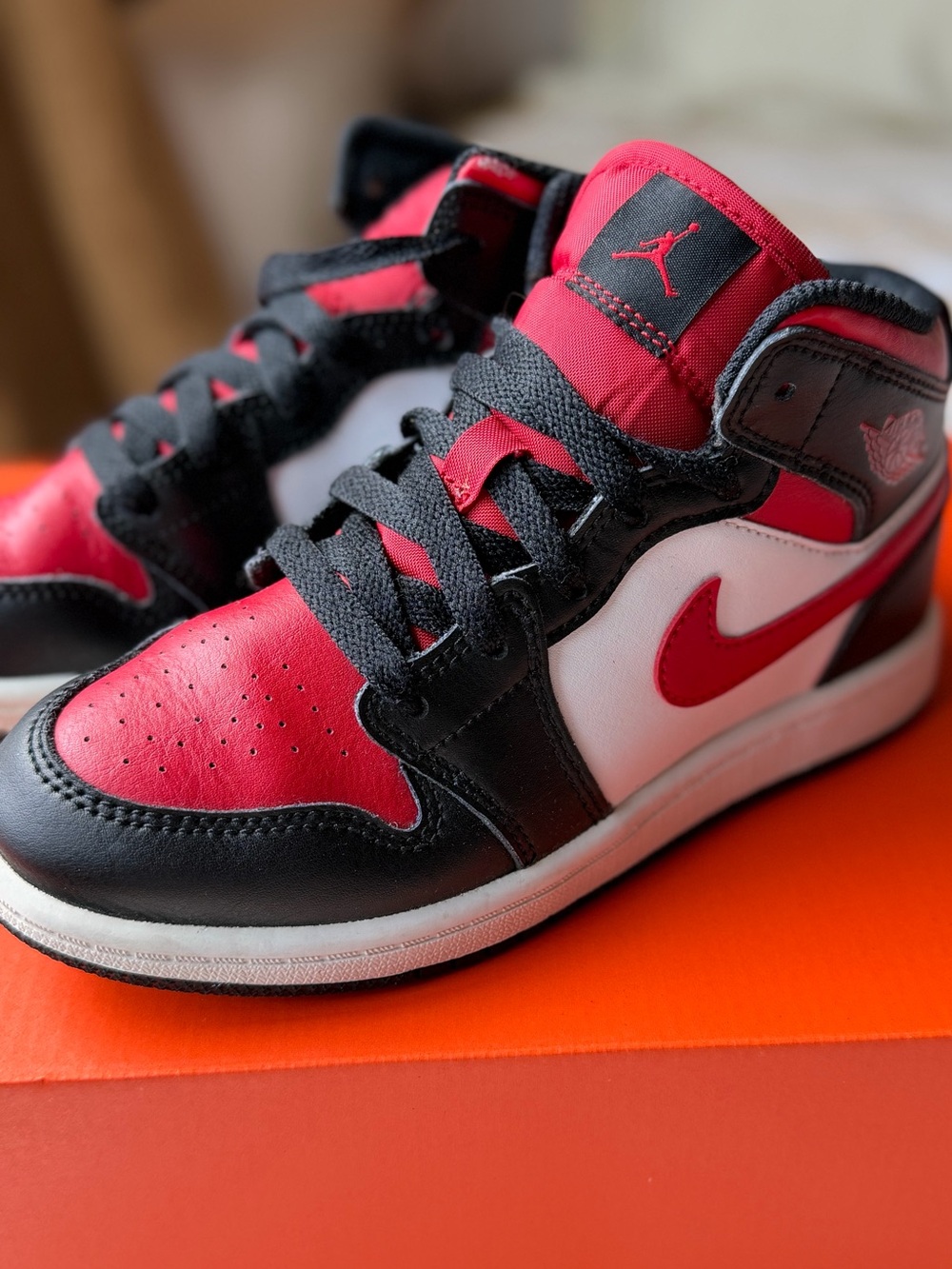 Nike Kids Air Jordan 1 Mid-Top Sneakers in Red, Black, White
